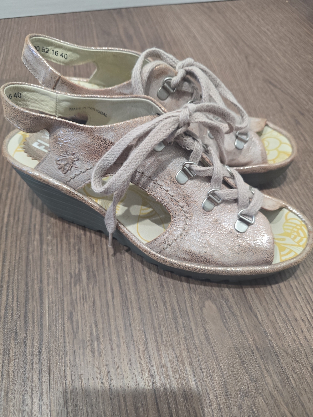 Fly London Metallic Blush Lace-Up Wedge Sandals 40/9 To 9.5